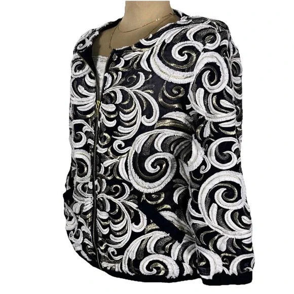 CHICO'S Travelers Scrolled Bomber Jacket Small Front Zip 3/4 Sleeve - Picture 7 of 15